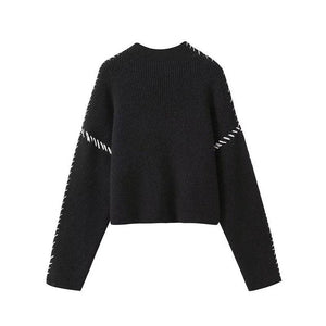Contrast Stitched Knit Sweater BLACK - The Collective Park City