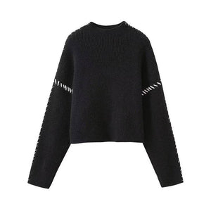 Contrast Stitched Knit Sweater BLACK - The Collective Park City