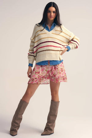 Cream Oversized Sweater with Multicolor Stripes - The Collective Park City