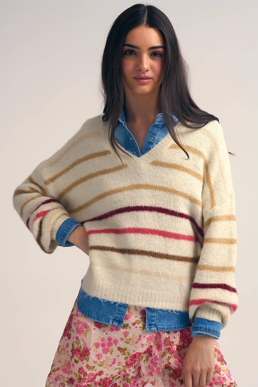 Cream Oversized Sweater with Multicolor Stripes - The Collective Park City