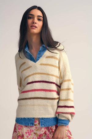 Cream Oversized Sweater with Multicolor Stripes - The Collective Park City