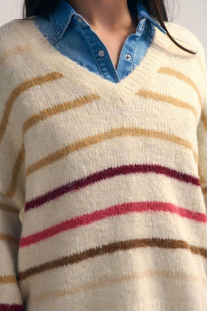 Cream Oversized Sweater with Multicolor Stripes - The Collective Park City