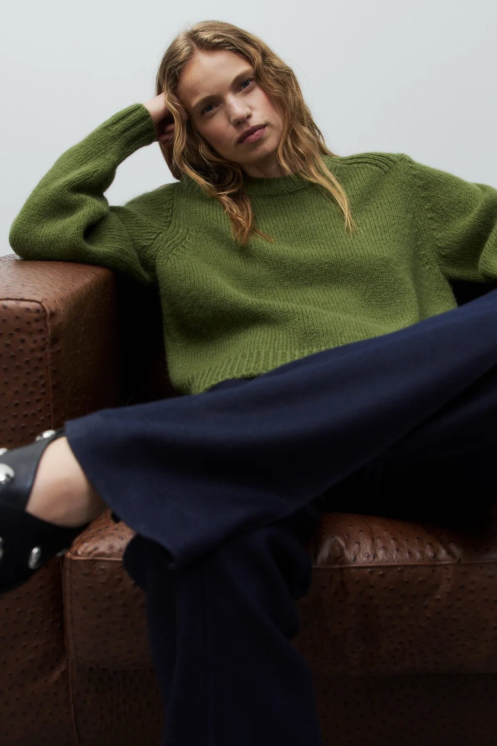Crew - Neck Alpaca Wool Sweater - Army Green - The Collective Park City