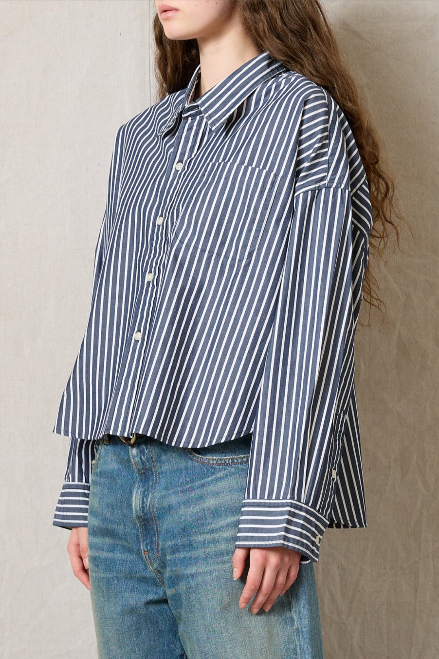 Cropped Button Down - Navy Stripes - The Collective Park City