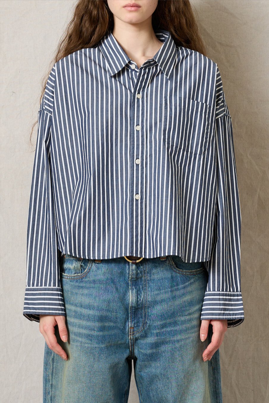 Cropped Button Down - Navy Stripes - The Collective Park City