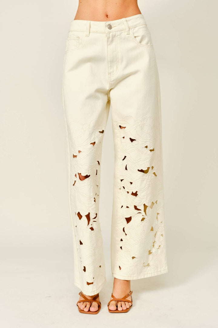 Embroidered Cut Out Straight Leg Denim Pant - The Collective Park City
