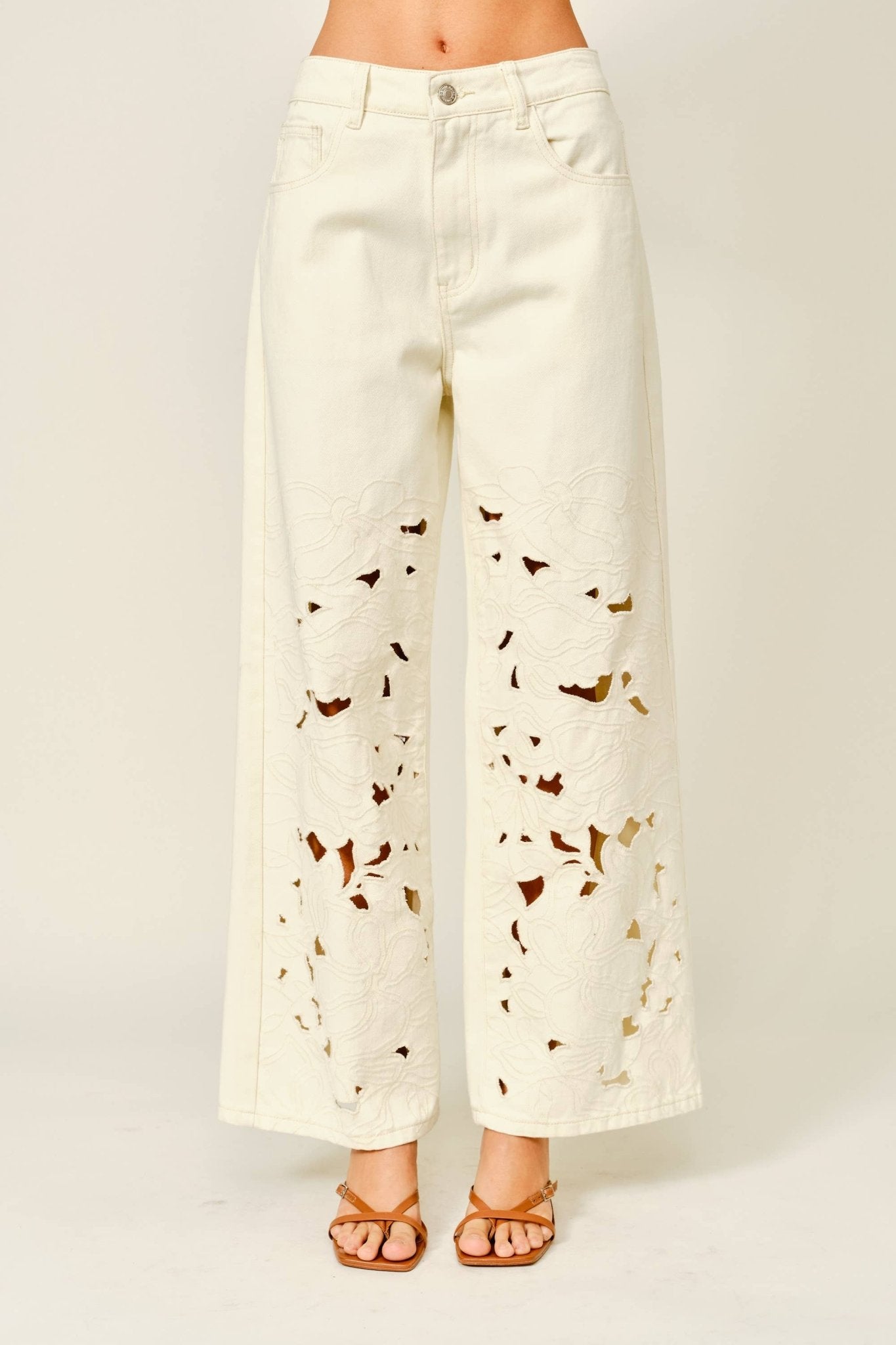 Embroidered Cut Out Straight Leg Denim Pant - The Collective Park City