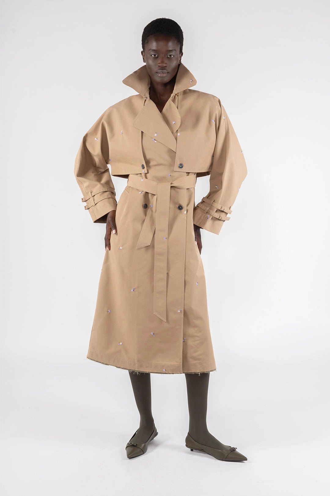 Embroidered Gabardine Trench - Khaki - The Collective Park City