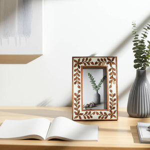Picture Frame - Brown Wood Etched Leaf Inlay Vine - 4x6 in.