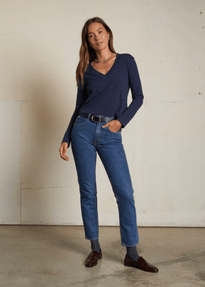 Fiona Long Sleeve Recycled Cotton V Neck Tee - The Collective Park City