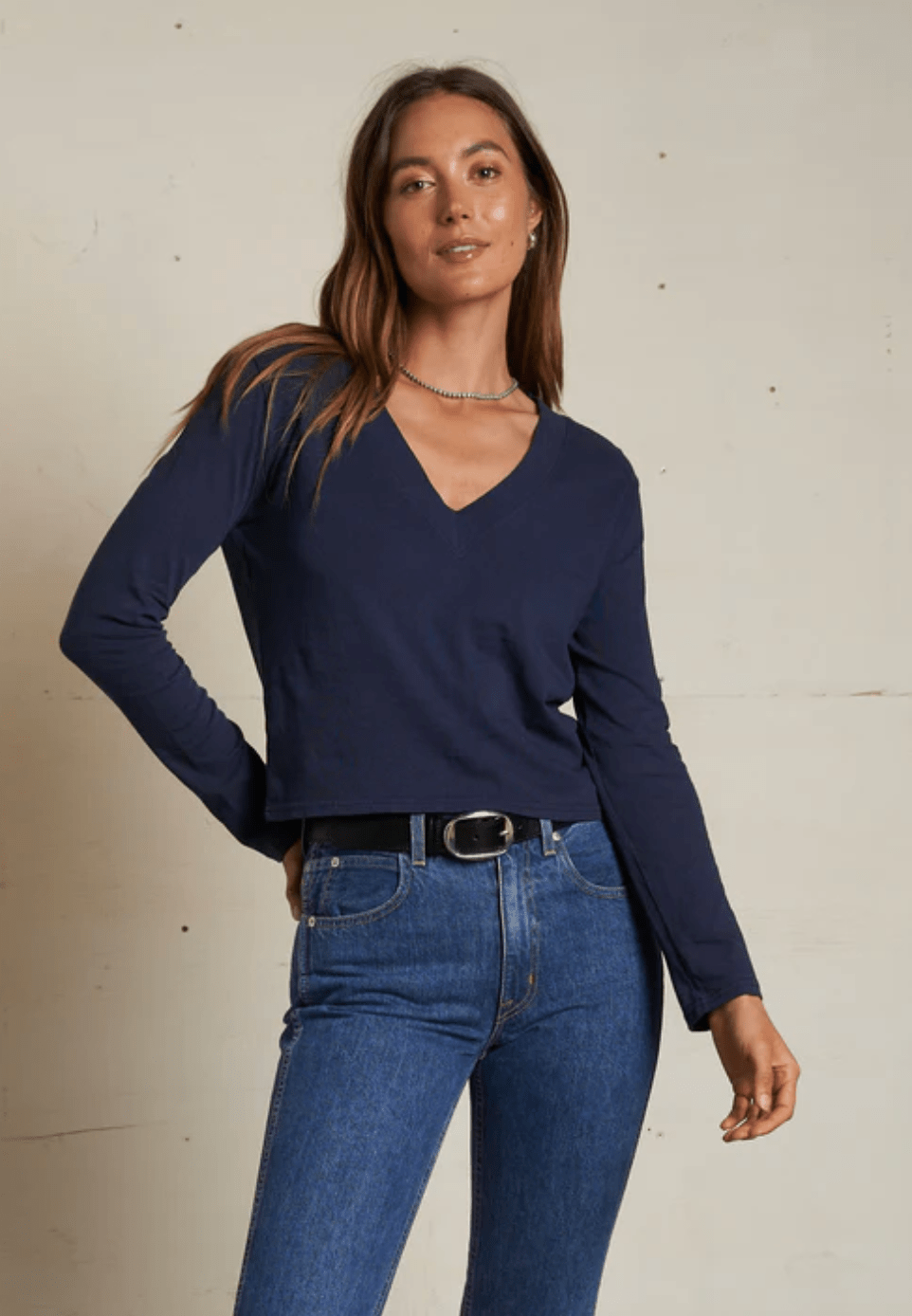 Fiona Long Sleeve Recycled Cotton V Neck Tee - The Collective Park City