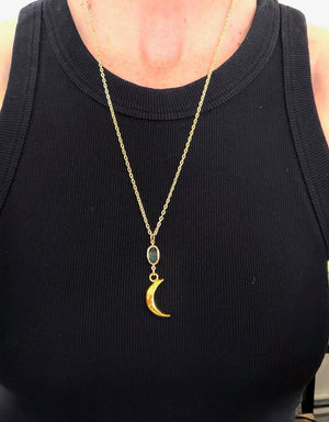 Gold Plated Chain Necklace w/Moon & Green Stone - The Collective Park City