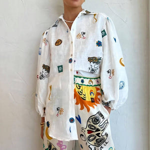 Graffiti Printed Button Down Blouse - The Collective Park City