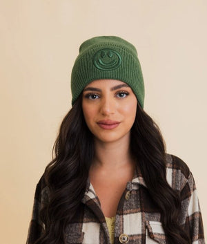 Happy Face Embroidered Knit Beanie - The Collective Park City