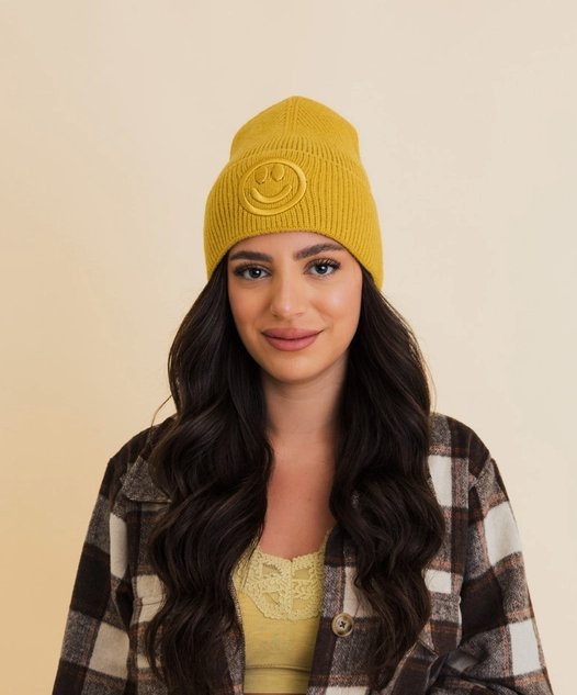 Happy Face Embroidered Knit Beanie - The Collective Park City