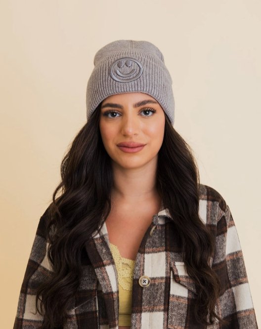 Happy Face Embroidered Knit Beanie - The Collective Park City