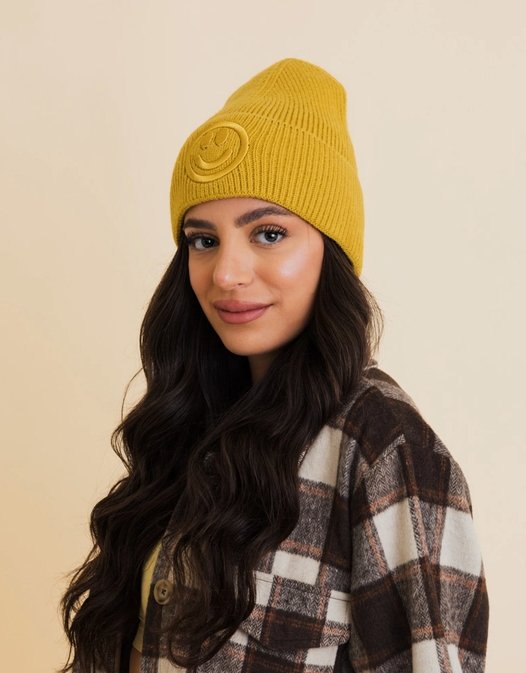 Happy Face Embroidered Knit Beanie - The Collective Park City