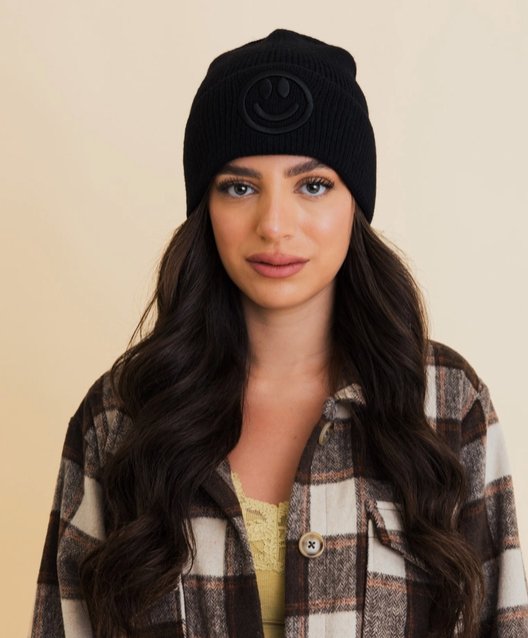 Happy Face Embroidered Knit Beanie - The Collective Park City