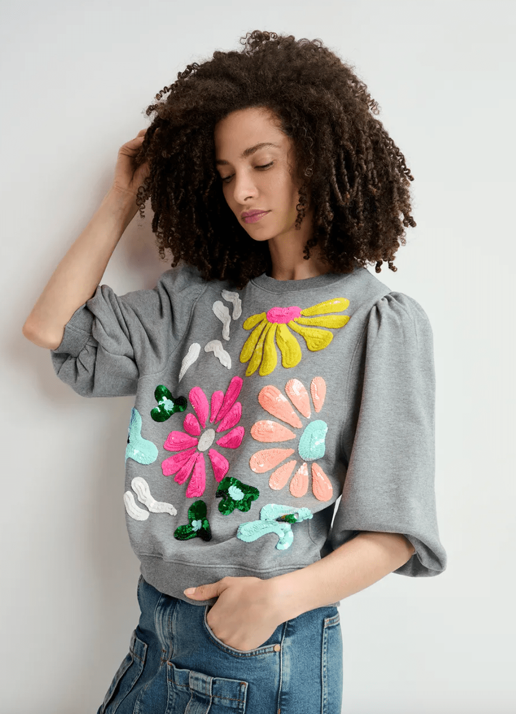 Hun Flower Embellished Sweatshirt Top - The Collective Park City