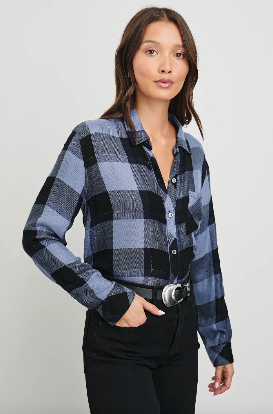 Hunter Button Down Top - Periwinkle Navy Silver - The Collective Park City