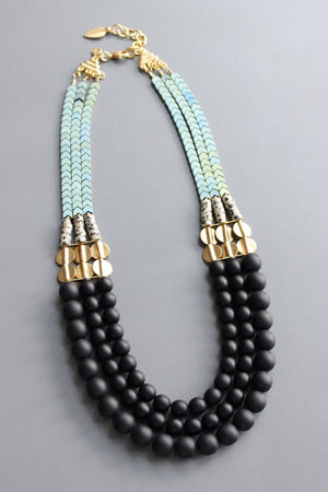 HYL221 Jet glass and hematite triple strand necklace - The Collective Park City