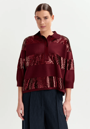 Illuminati Striped Sequin Knit Polo Top - The Collective Park City