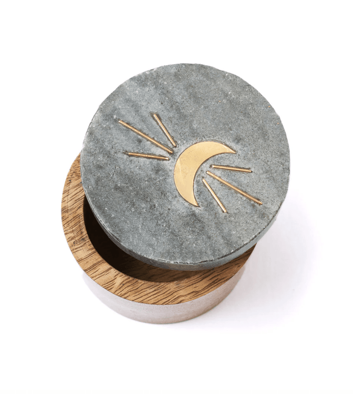 Indukala Moon Phase Round Keepsake Box - Black Marble, Wood, Brass - The Collective Park City