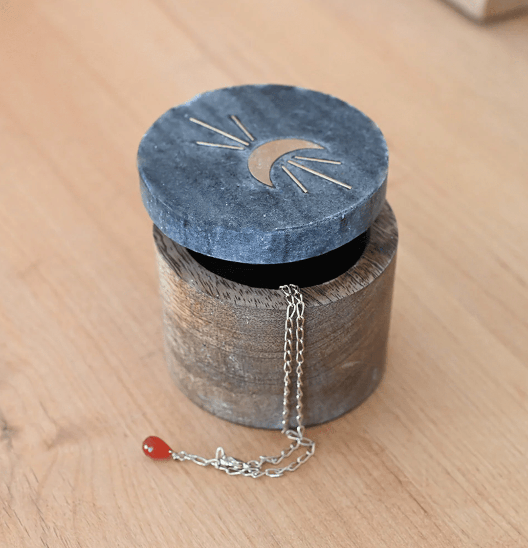 Indukala Moon Phase Round Keepsake Box - Black Marble, Wood, Brass - The Collective Park City