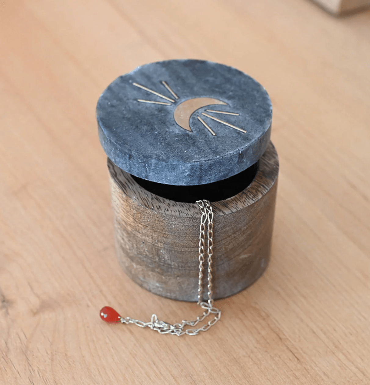 Indukala Moon Phase Round Keepsake Box - Black Marble, Wood, Brass - The Collective Park City