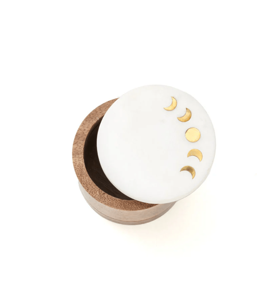 Indukala Moon Phase Round Keepsake Box - White Marble, Wood, Brass - The Collective Park City