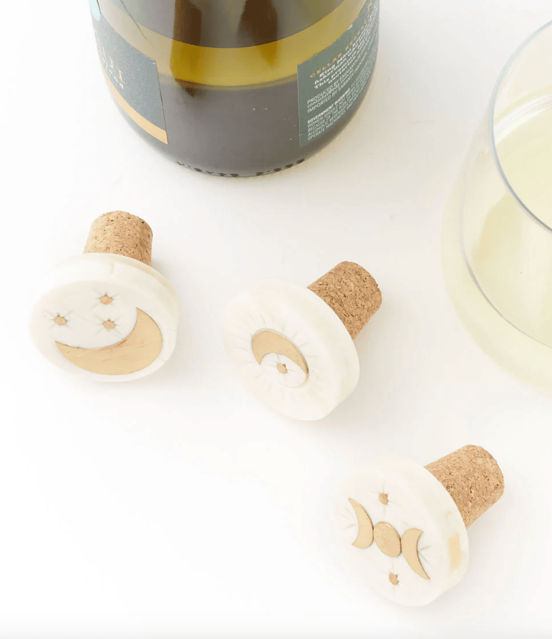 Indukala Moon Phase Wine Stopper - Cork, Carved Bone, Brass Inlay - The Collective Park City