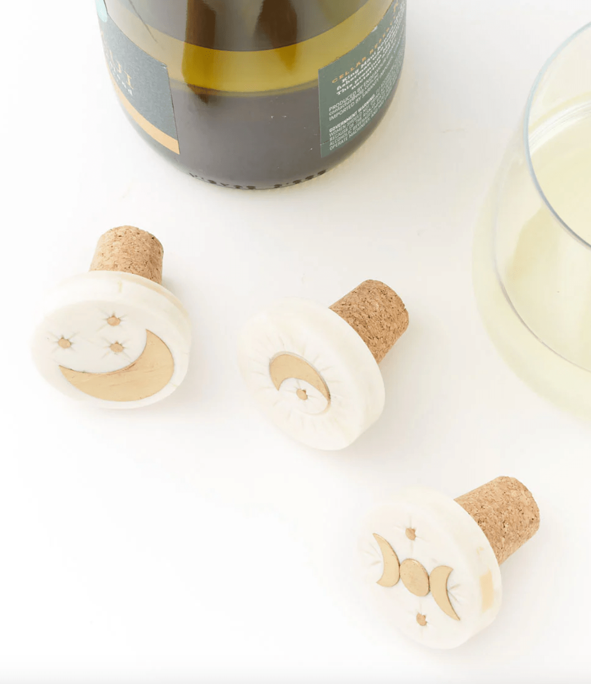 Indukala Moon Phase Wine Stopper - Cork, Carved Bone, Brass Inlay - The Collective Park City