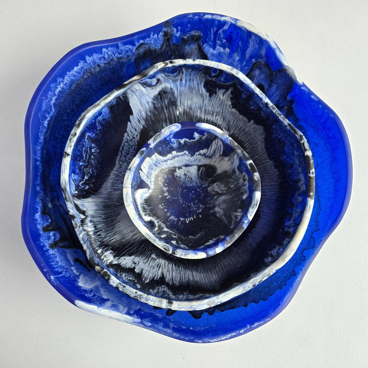 Large wavy 3 bowls Set / Hand Poured Resin / Dark Blue - The Collective Park City