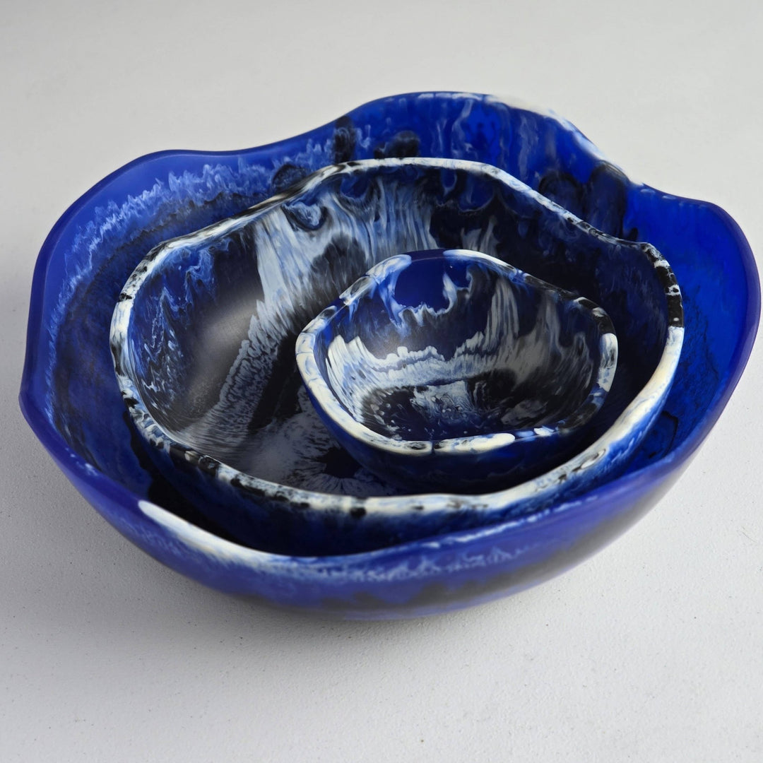 Large wavy 3 bowls Set / Hand Poured Resin / Dark Blue - The Collective Park City
