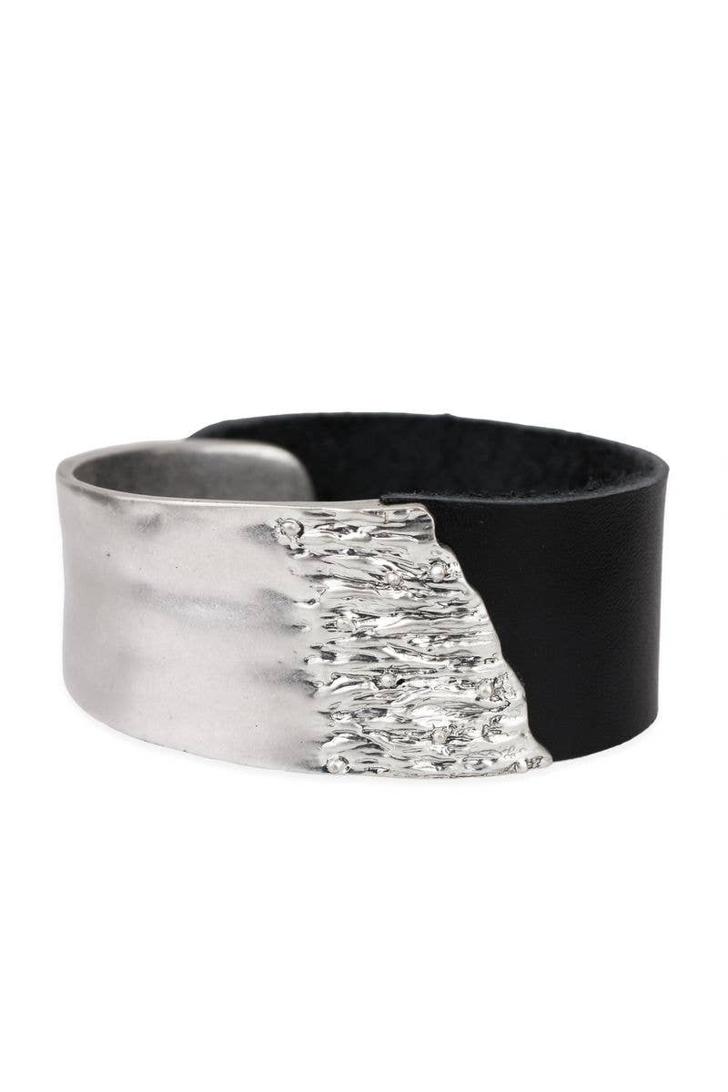 Leather Metal Statement Bracelet: Black silver - The Collective Park City