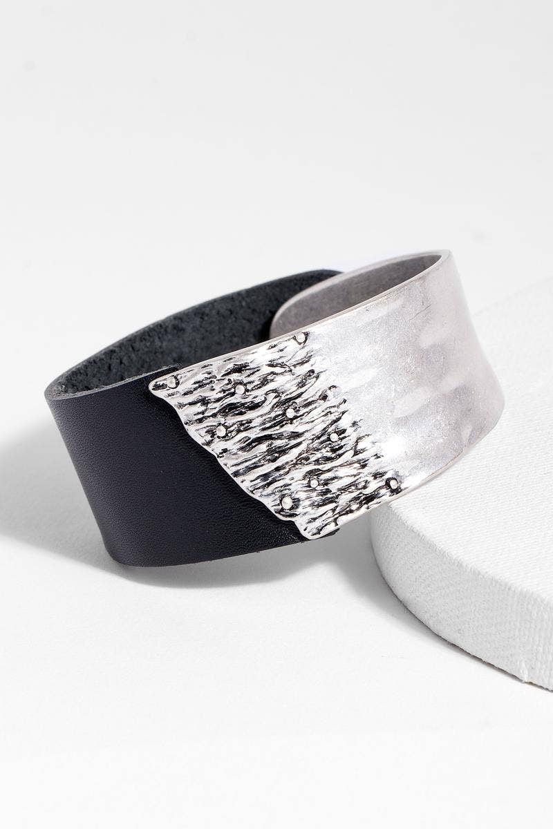 Leather Metal Statement Bracelet: Black silver - The Collective Park City