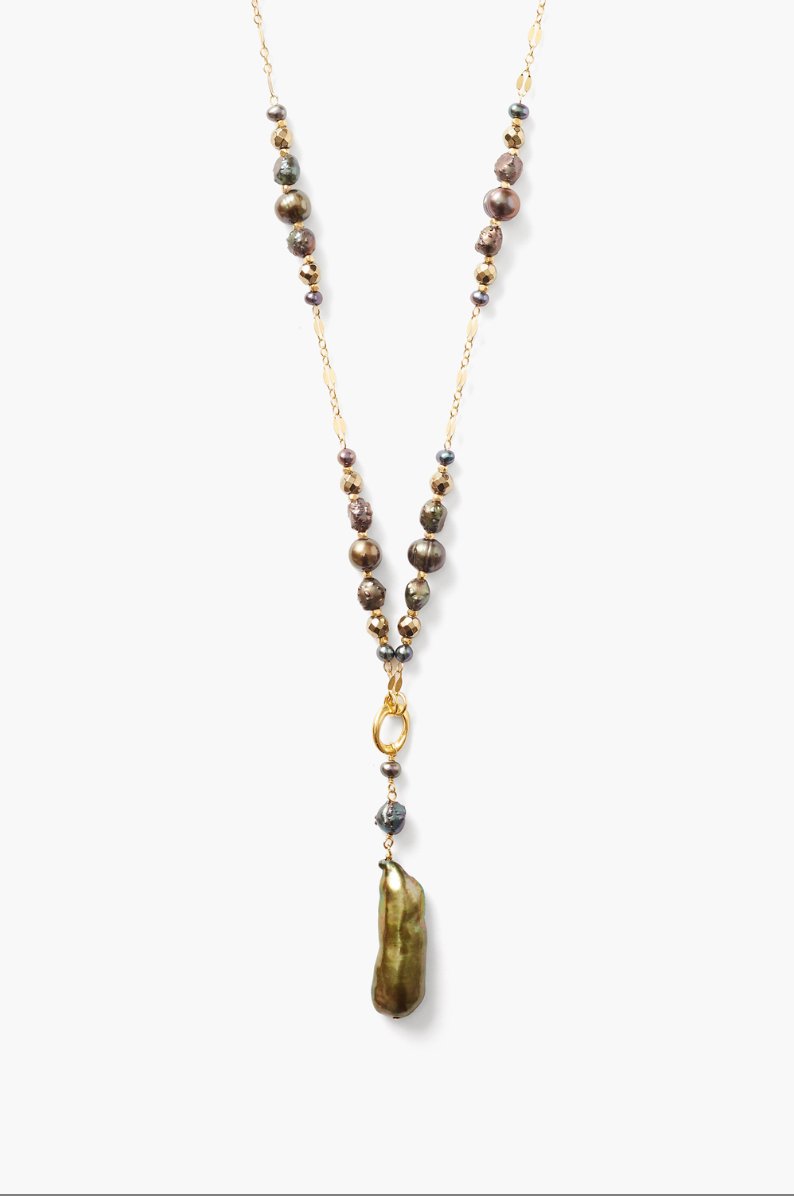 Long Pearl & Pyrite Necklace - The Collective Park City