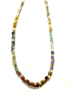 Multi Color Resin Square Bead & Gold Chain Necklace - The Collective Park City
