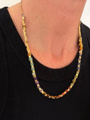 Multi Color Resin Square Bead & Gold Chain Necklace - The Collective Park City
