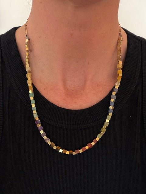 Multi Color Resin Square Bead & Gold Chain Necklace - The Collective Park City