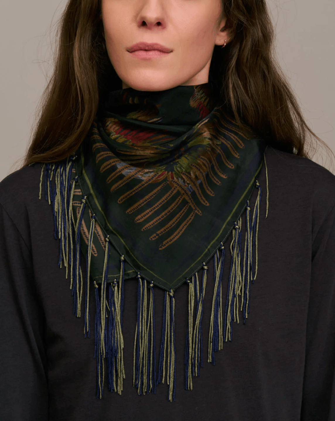 Printed Fringe Scarf - Kaki - The Collective Park City