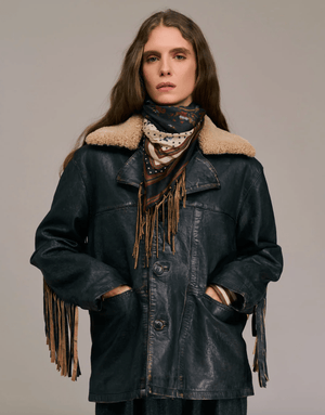Printed Fringe Scarf - Navy - The Collective Park City