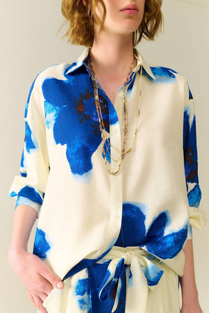 Relaxed Blue Flower Button Down Top - The Collective Park City