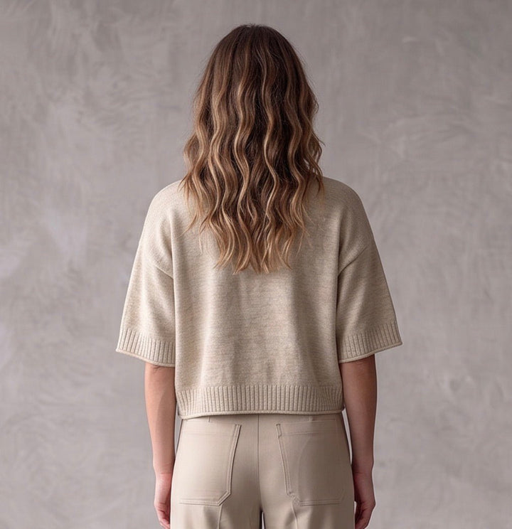 Reversed Seam 3/4 Sleeve Boxy Cropped Sweater - The Collective Park City