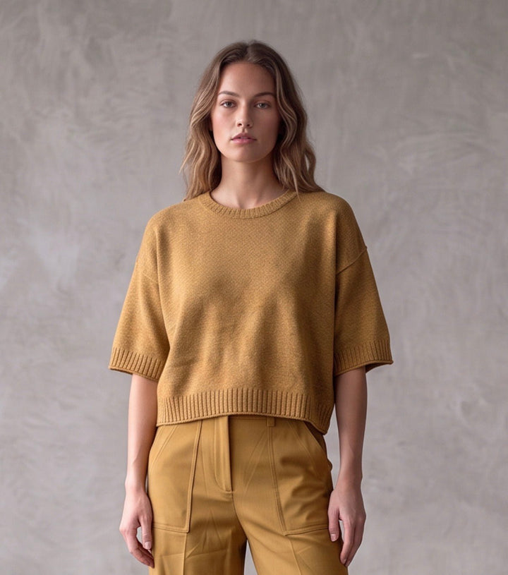 Reversed Seam 3/4 Sleeve Boxy Cropped Sweater - The Collective Park City