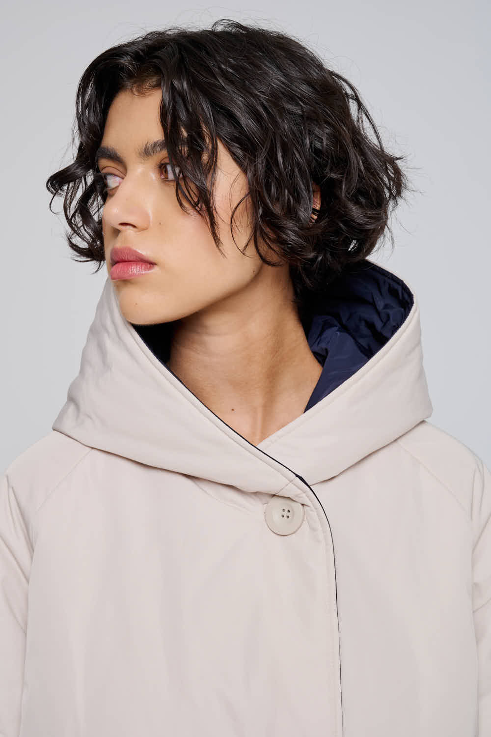 Reversible Mid - Length Jacket with Hood - Cream/Blue - The Collective Park City