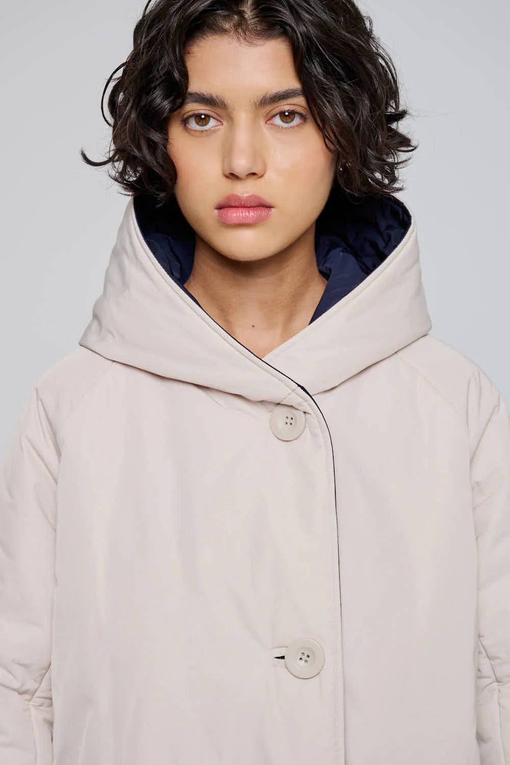 Reversible Mid - Length Jacket with Hood - Cream/Blue - The Collective Park City