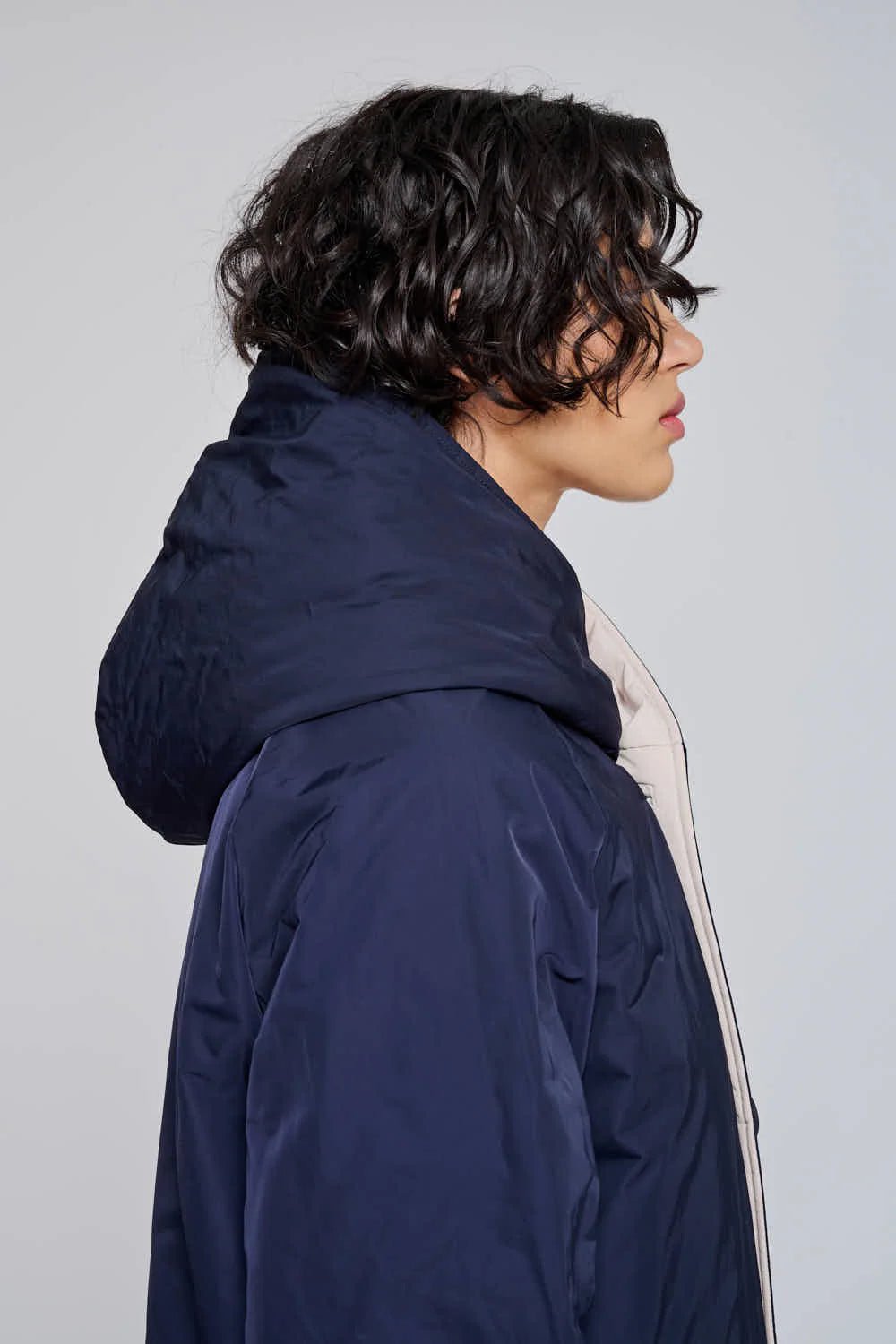 Reversible Mid - Length Jacket with Hood - Cream/Blue - The Collective Park City