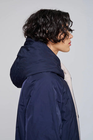 Reversible Mid - Length Jacket with Hood - Cream/Blue - The Collective Park City