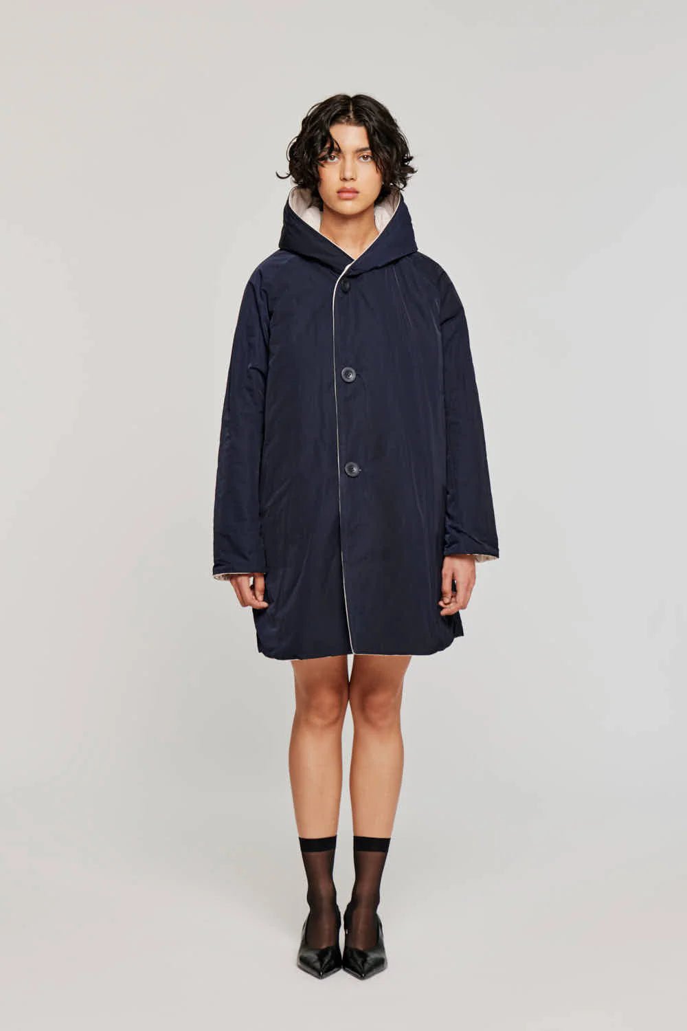 Reversible Mid - Length Jacket with Hood - Cream/Blue - The Collective Park City